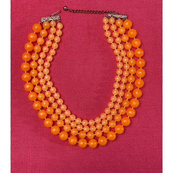 Vintage 60s Orange Necklace 1960s Three Strand Rockabilly Pinup Mod Retro - Picture 1 of 6